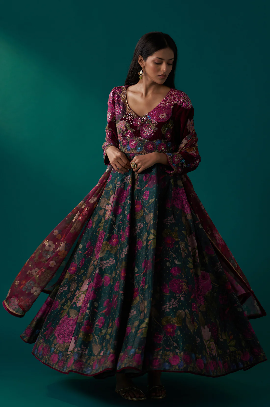 Green Floral Printed Sequined Yoke Festive Anarkali Dress